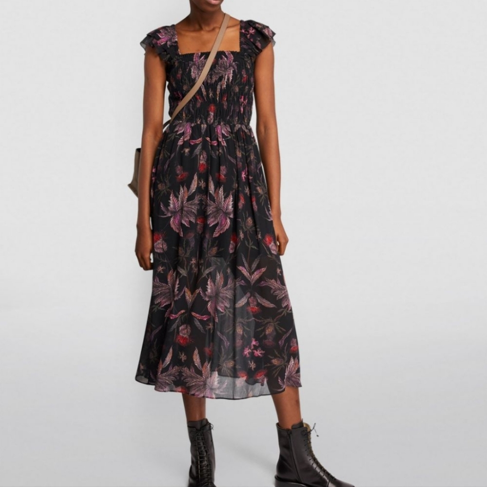 All Saints Mali Harris Chiffon Cottagecore Dark Fairy Midi Spring Dress